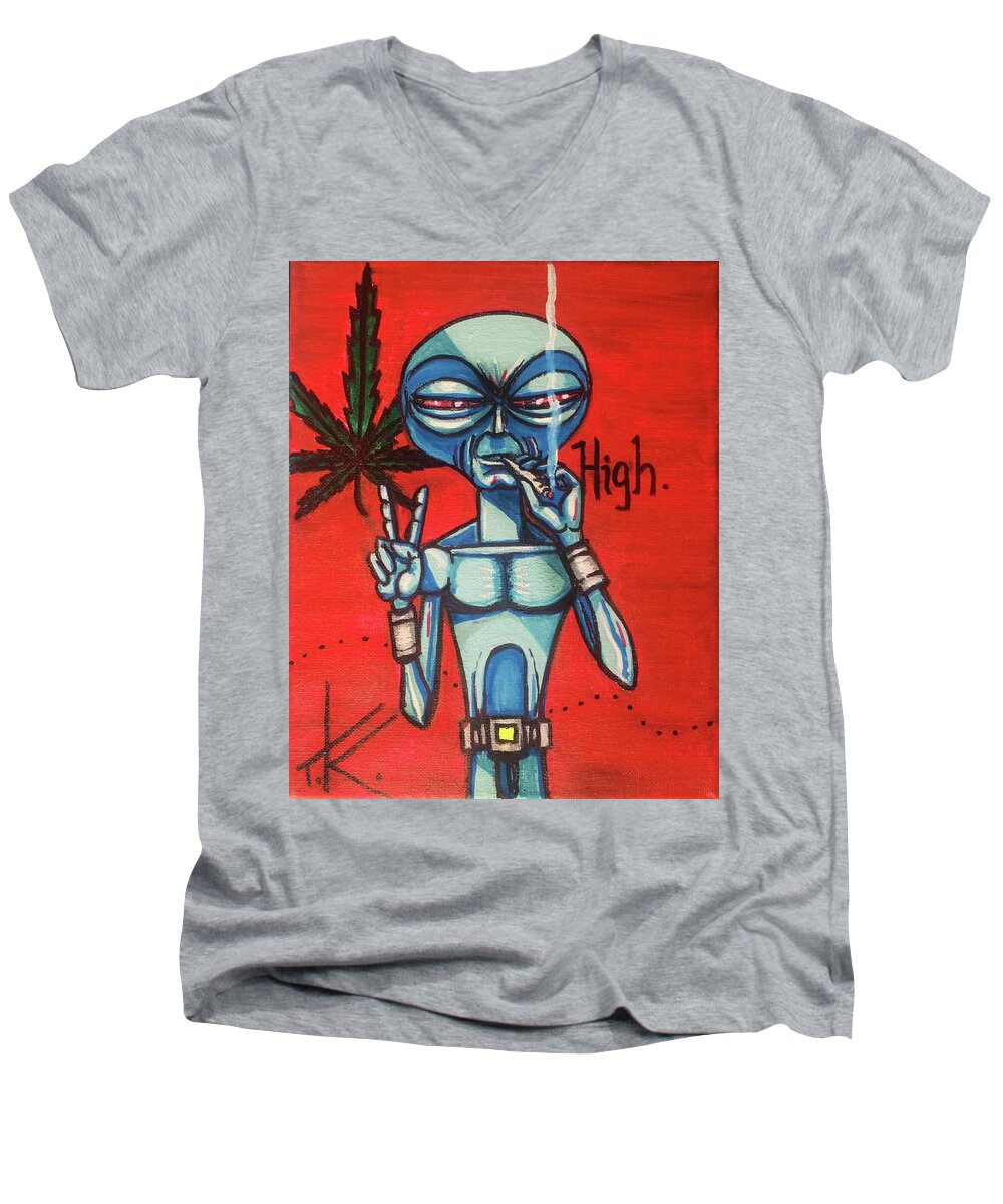 High Men's V-Neck T-Shirt featuring the painting High alien by Similar Alien