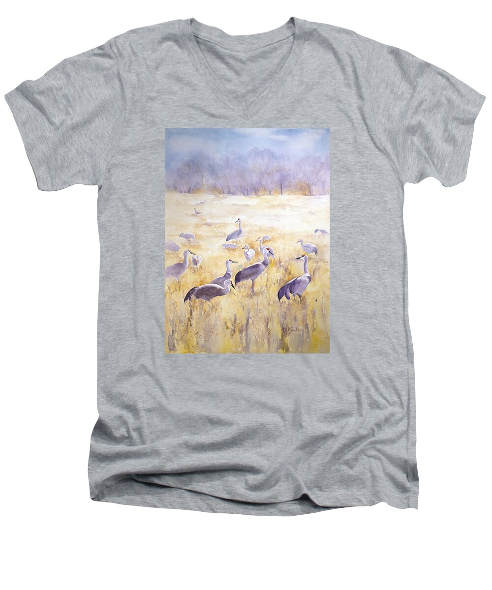 Sandhill Cranes Men's V-Neck T-Shirt featuring the painting High Plains Drifters by Marsha Karle