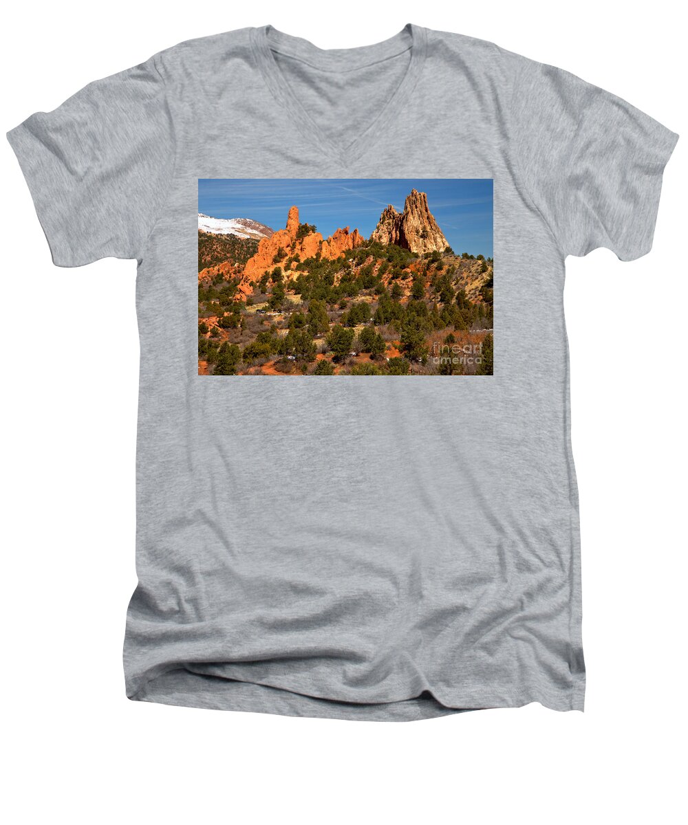  Men's V-Neck T-Shirt featuring the photograph High Point Rock Towers by Adam Jewell
