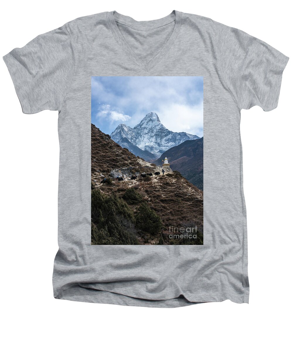 Ama Dablam Men's V-Neck T-Shirt featuring the photograph Himalayan Yak Train by Mike Reid