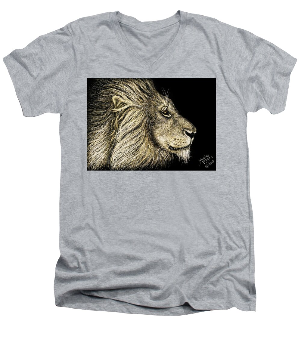 Lion Men's V-Neck T-Shirt featuring the drawing His Majesty by Monique Morin Matson
