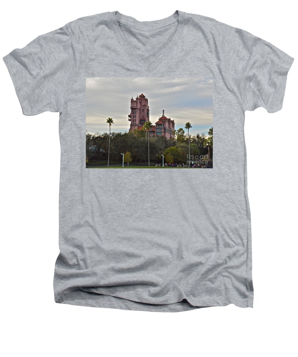 Wdw Men's V-Neck T-Shirt featuring the photograph Hollywood Studios Tower of Terror by Carol Bradley