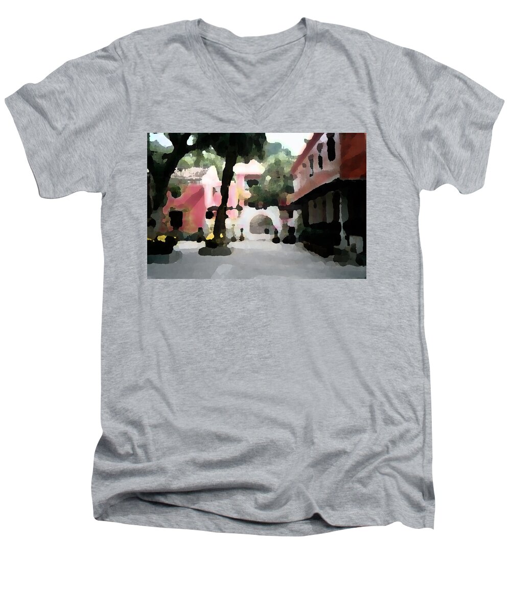 The Original Photograph Of This Temple Was Taken In Hong Kong. I Then Digitally Enhanced It To Have The Appearance Of A Matisse Style Painting. Men's V-Neck T-Shirt featuring the photograph Hong Kong Temple by Geoff Jewett