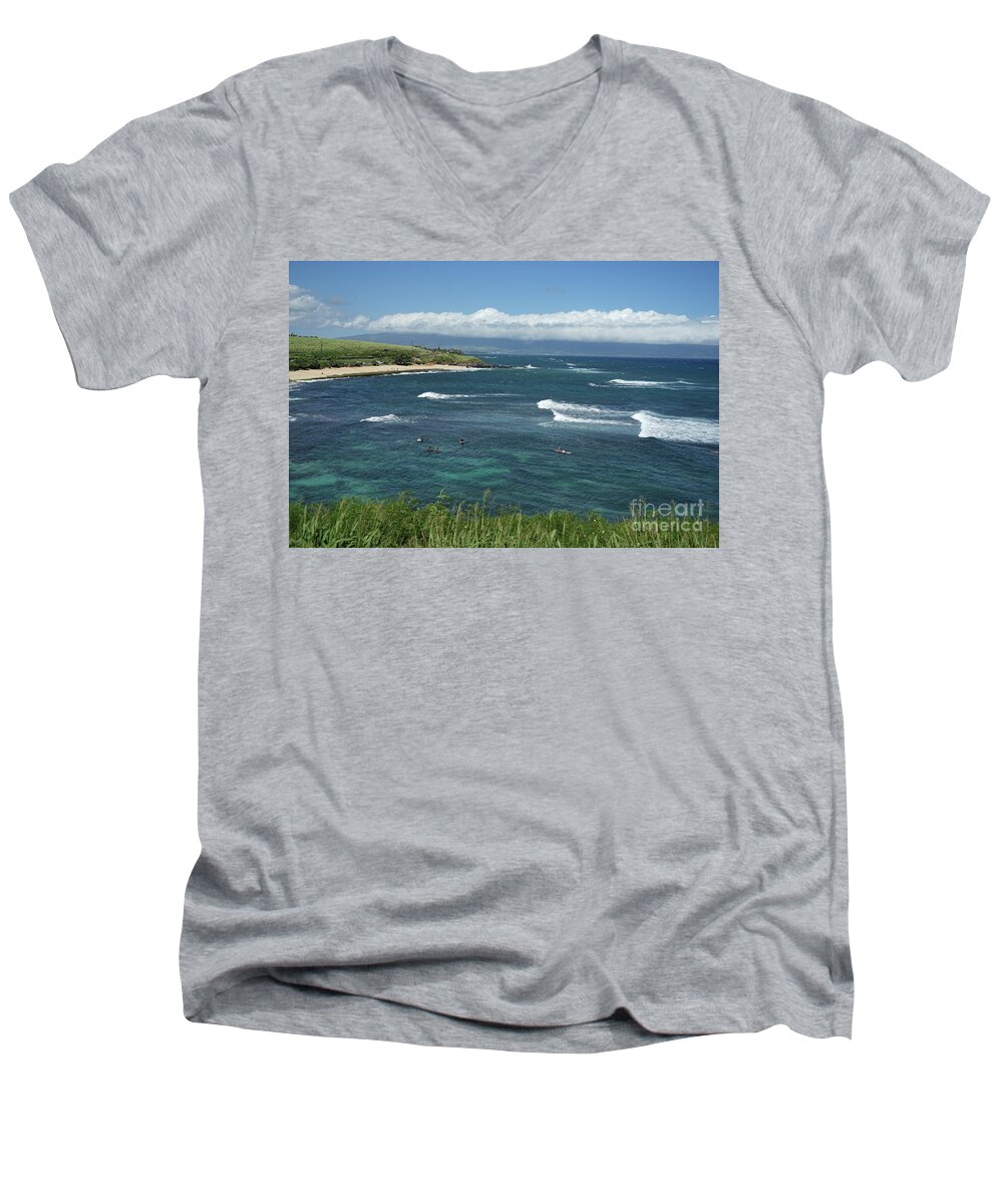 Hookipa Beach Men's V-Neck T-Shirt featuring the photograph Ho'okipa Beach View from Ho'okipa Beach Park Hana Maui by Peter Dang