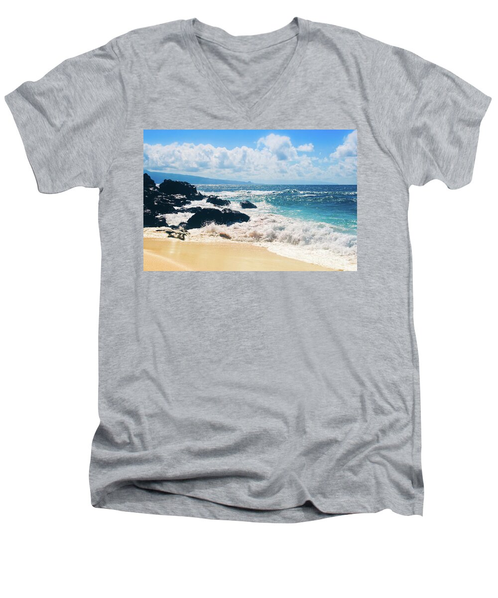 Hookipa Men's V-Neck T-Shirt featuring the photograph Hookipa Beach Maui Hawaii by Sharon Mau