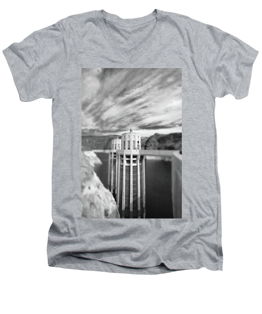 Hoover Dam Intake Towers Men's V-Neck T-Shirt featuring the photograph Hoover Dam Intake Towers No. 1-1 by Sandy Taylor