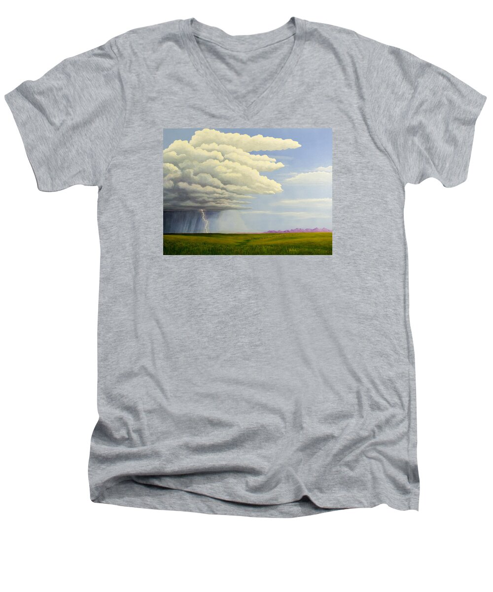 Grassy Plains Men's V-Neck T-Shirt featuring the painting Hope They Don't Spook by Jack Malloch