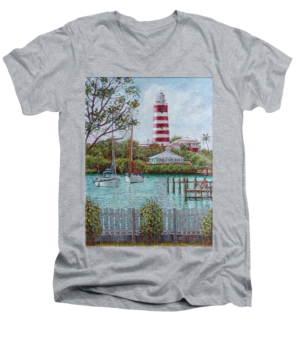 Hope Town Men's V-Neck T-Shirt featuring the painting Hope Town Lighthouse by Ritchie Eyma