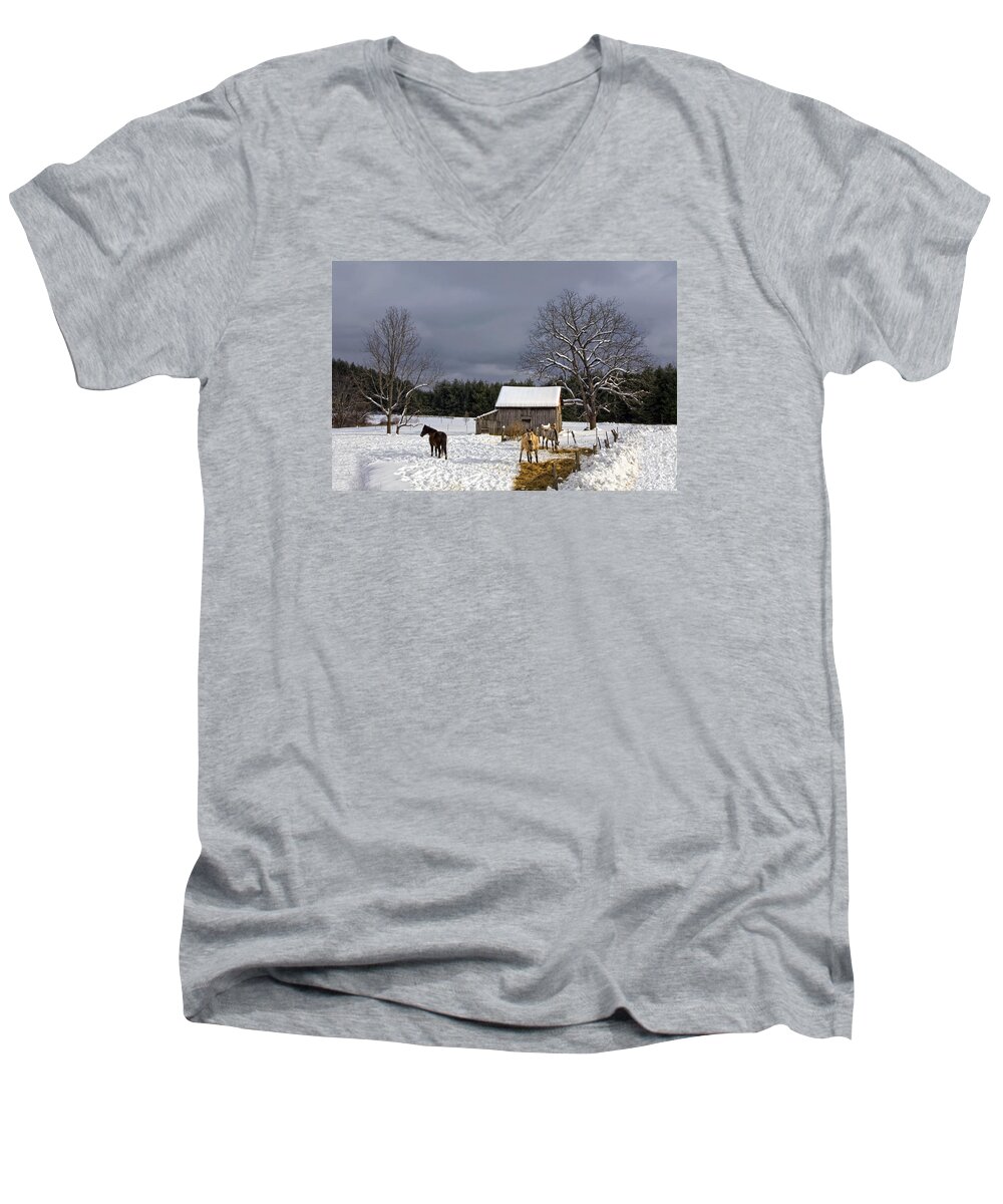 Barn Men's V-Neck T-Shirt featuring the photograph Horses in Snow by Ken Barrett