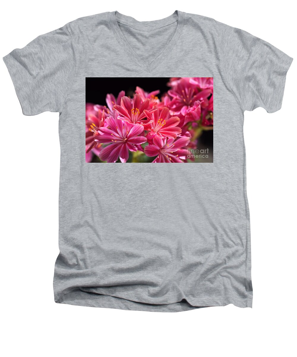 Joy Watson Men's V-Neck T-Shirt featuring the photograph Hot Glowing Pink Delight Of Flowers by Joy Watson