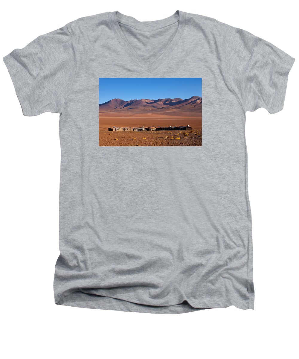 Hotel Tayka Del Desierto Men's V-Neck T-Shirt featuring the photograph Hotel Tayka del Desierto in Siloli Desert by Aivar Mikko