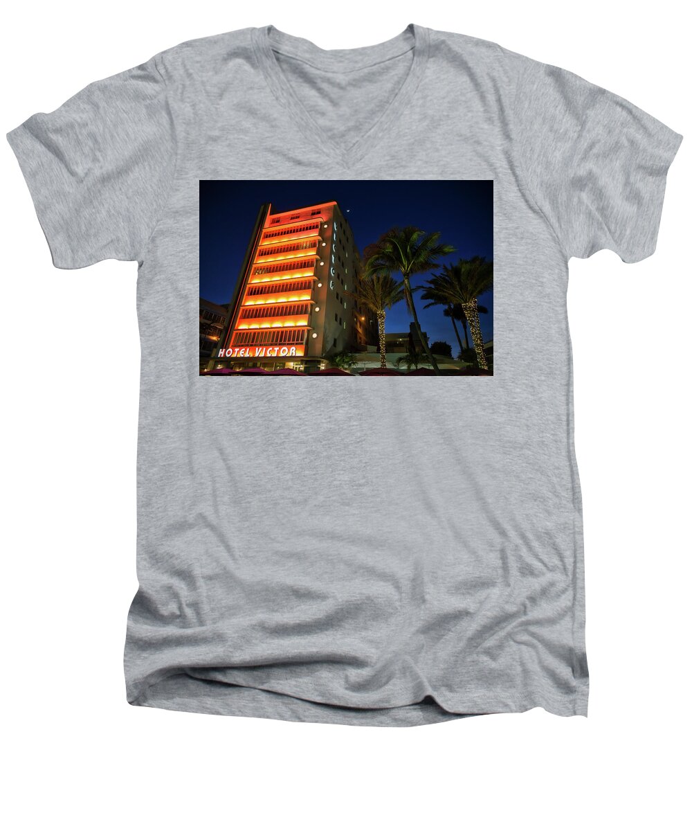 Florida Men's V-Neck T-Shirt featuring the photograph Hotel Victor South Beach by Penny Meyers