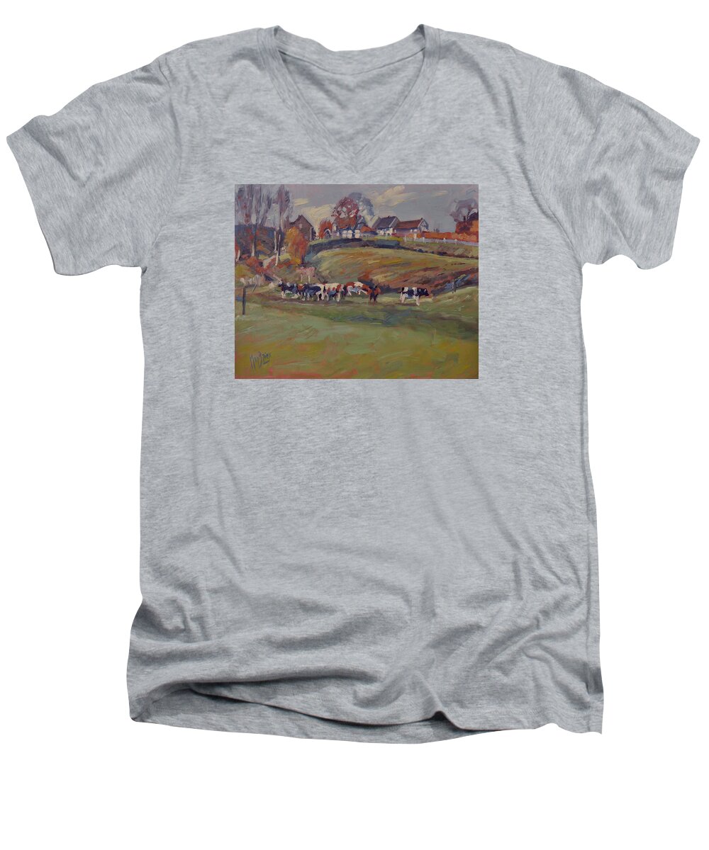 Schweiberg Men's V-Neck T-Shirt featuring the painting Houses and cows in Schweiberg by Nop Briex