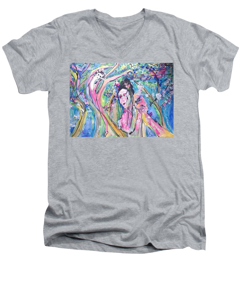 Petal Men's V-Neck T-Shirt featuring the painting How are you petal by Judith Desrosiers