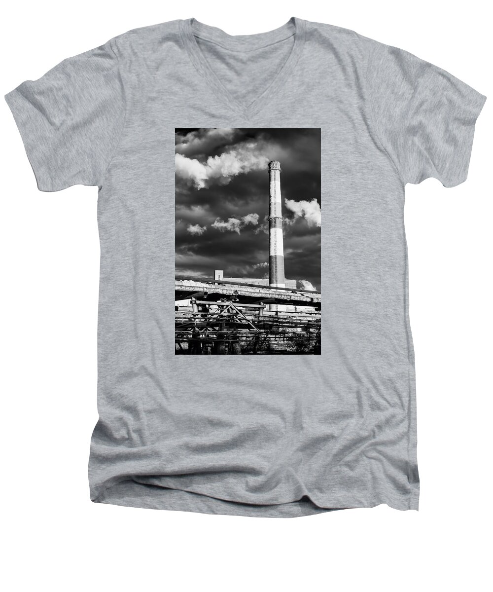 Industrial Chimney Men's V-Neck T-Shirt featuring the photograph Huge Industrial Chimney and Smoke in Black and White by John Williams