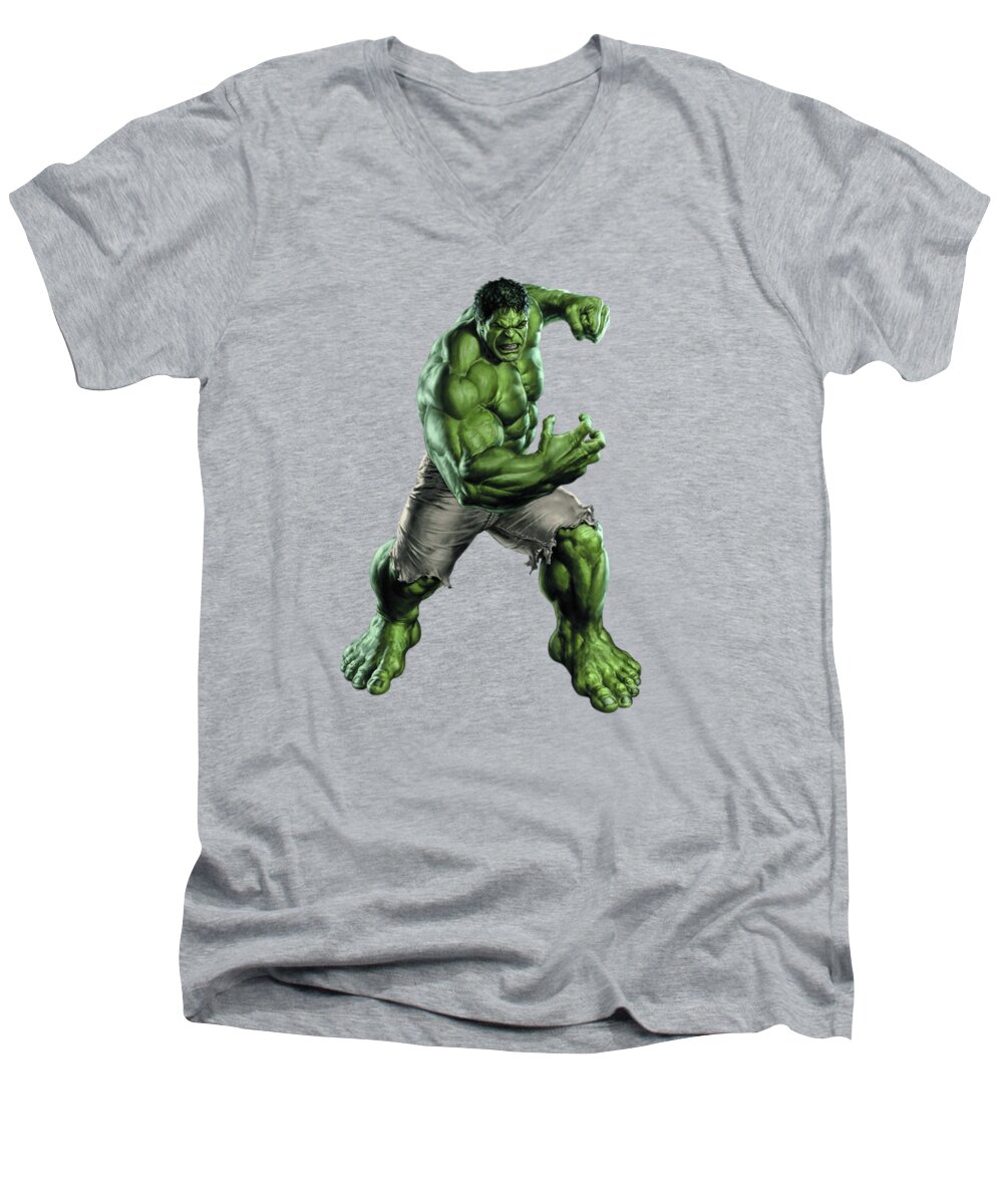 Hulk Men's V-Neck T-Shirt featuring the mixed media Hulk Splash Super Hero Series by Movie Poster Prints