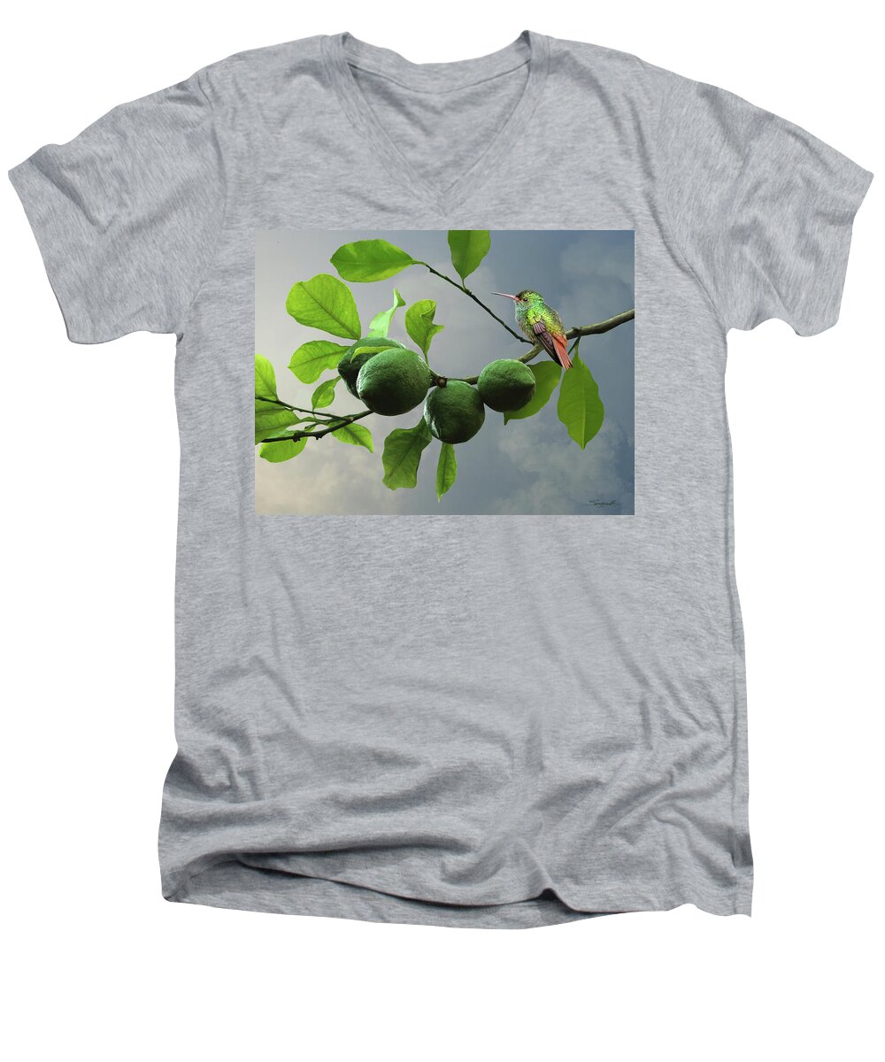 Fruit Men's V-Neck T-Shirt featuring the digital art Hummingbird in LIme Tree by M Spadecaller