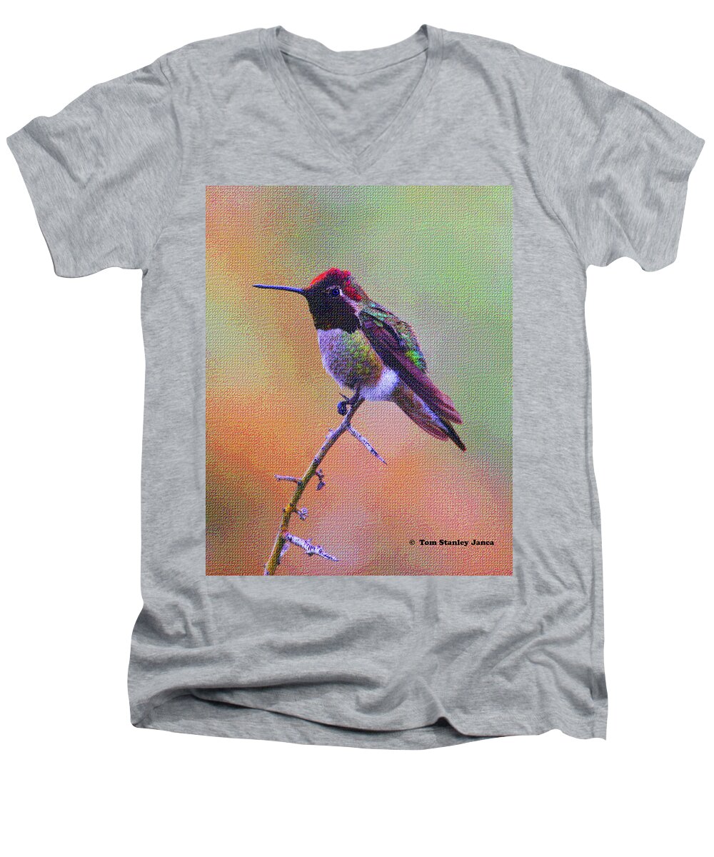 Hummingbird Men's V-Neck T-Shirt featuring the photograph Hummingbird On A Stick by Tom Janca