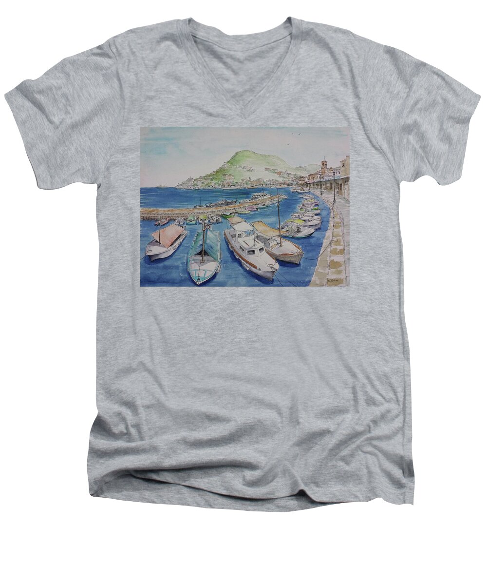 Boat Men's V-Neck T-Shirt featuring the painting Hydra Harbor by Vic Delnore
