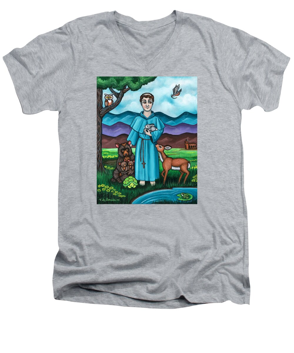 St. Francis Men's V-Neck T-Shirt featuring the painting I am Francis by Victoria De Almeida