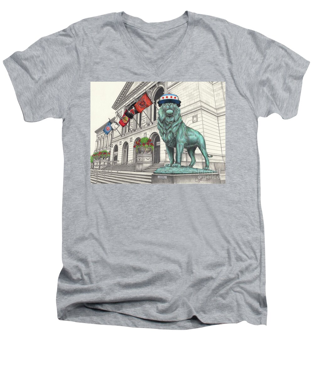 Lion Men's V-Neck T-Shirt featuring the drawing I Love Chicago Vol. 3 by Omoro Rahim