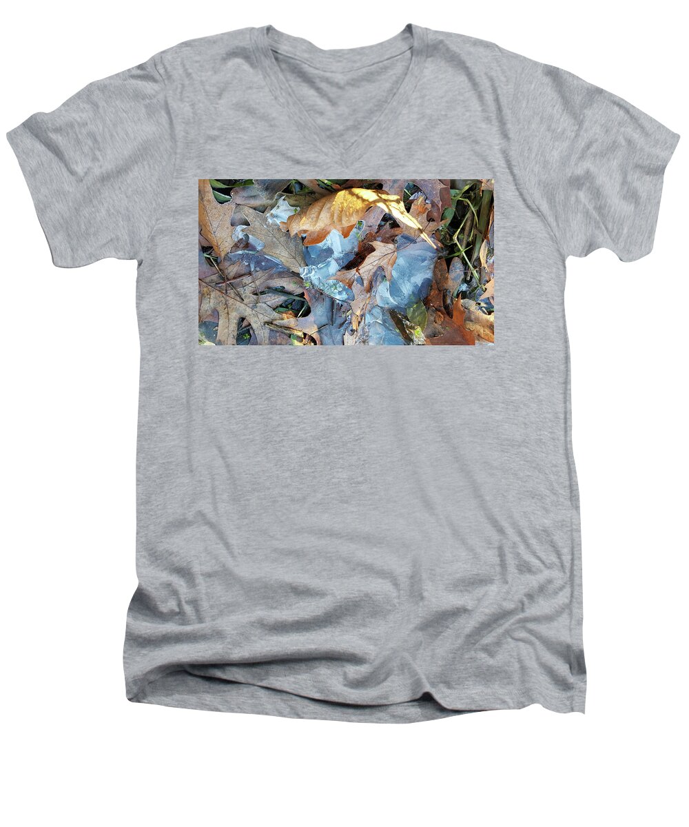 Composition Men's V-Neck T-Shirt featuring the photograph Ice and Fallen Leaves by Lynn Hansen