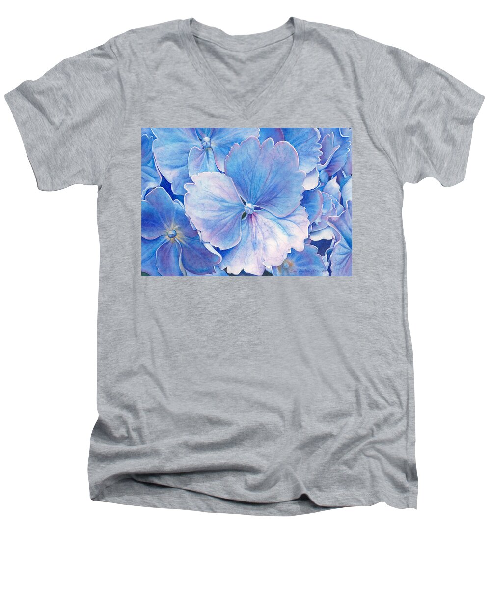 Hydrangea Floral Flower Summer Botanical Blue Purple Close Up Garden Wall Art Interior Design Decor Watercolor Painting Bloom Men's V-Neck T-Shirt featuring the painting Ice Queen by Sandy Haight