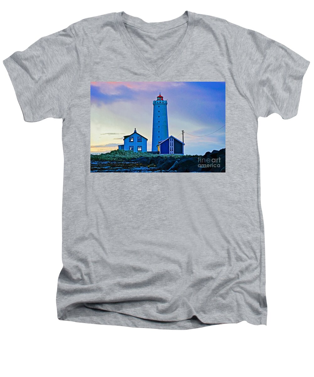 Iceland Men's V-Neck T-Shirt featuring the photograph Iceland Lighthouse by Michael Cinnamond