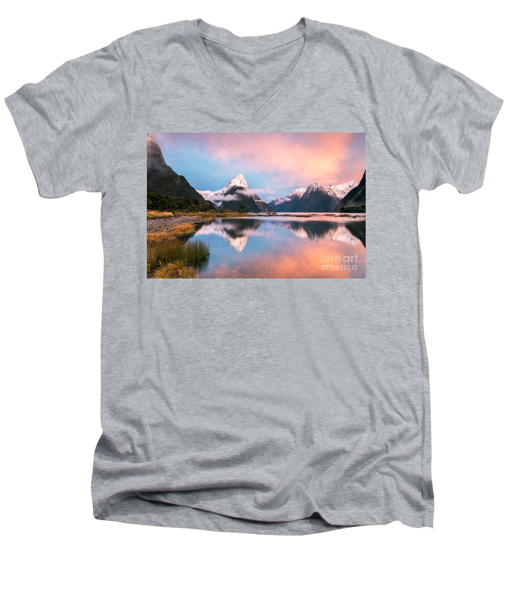 New Zealand Men's V-Neck T-Shirt featuring the photograph Iconic view of Milford Sound at sunrise - New Zealand by Matteo Colombo