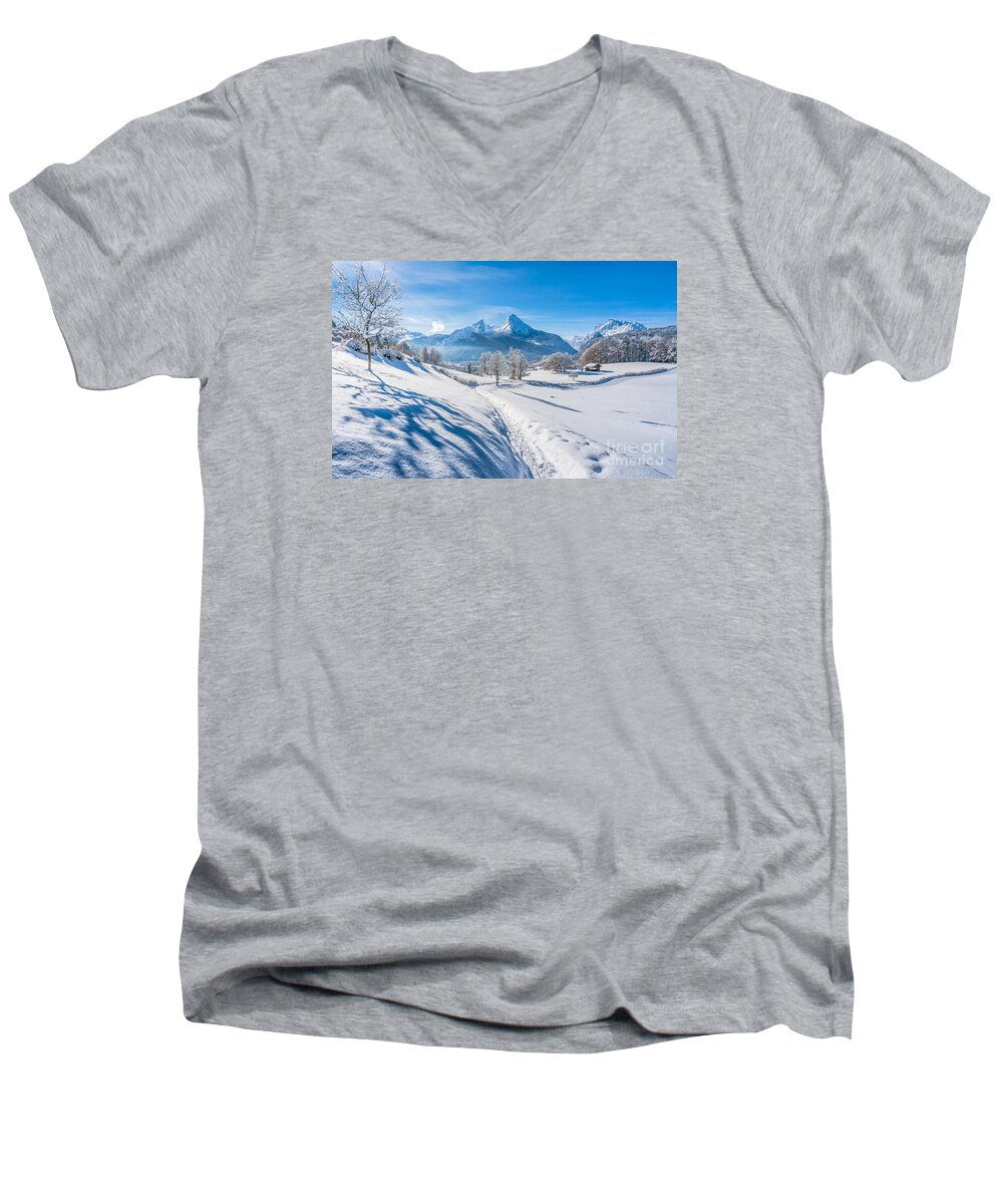 Alpen Men's V-Neck T-Shirt featuring the photograph Idyllic landscape in the Bavarian Alps, Germany by JR Photography