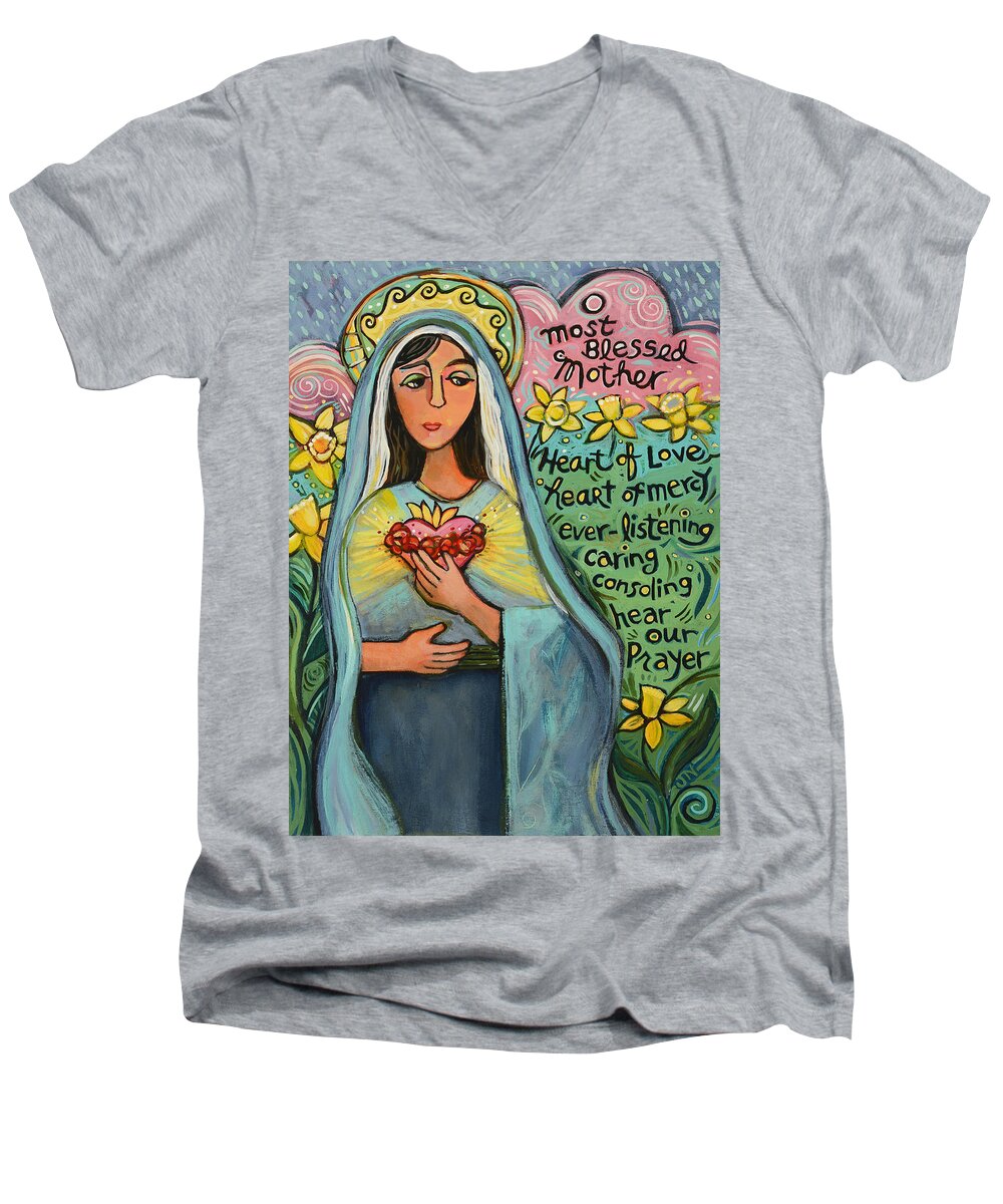 Jen Norton Men's V-Neck T-Shirt featuring the painting Immaculate Heart of Mary by Jen Norton
