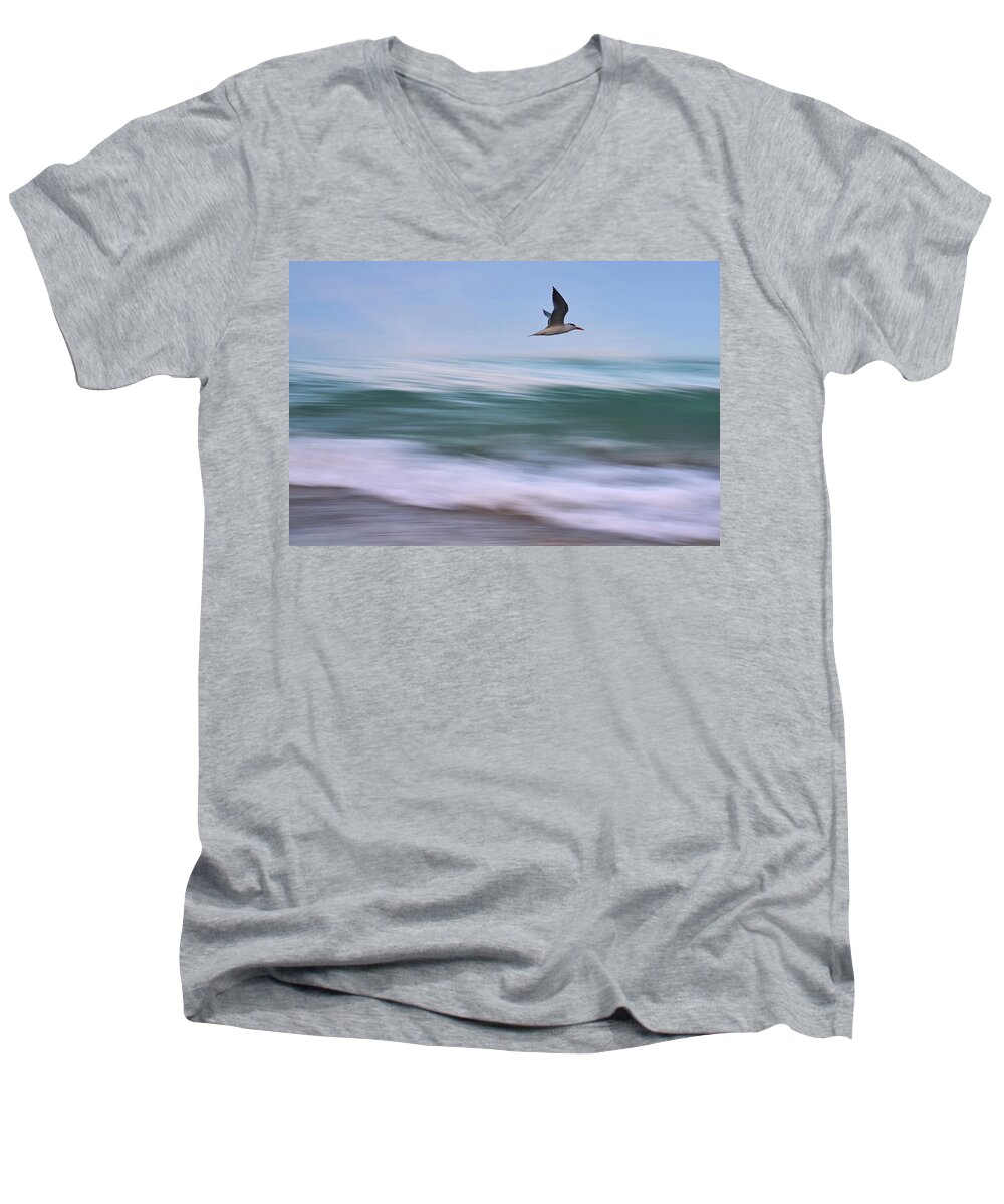 Ocean Men's V-Neck T-Shirt featuring the photograph In Flight by Laura Fasulo