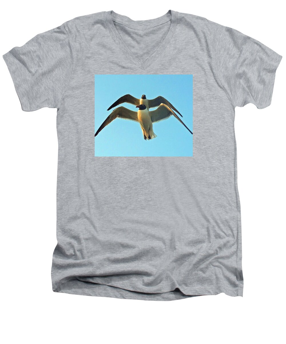 Seagulls Men's V-Neck T-Shirt featuring the photograph In Tandem At Sunset by Sandi OReilly