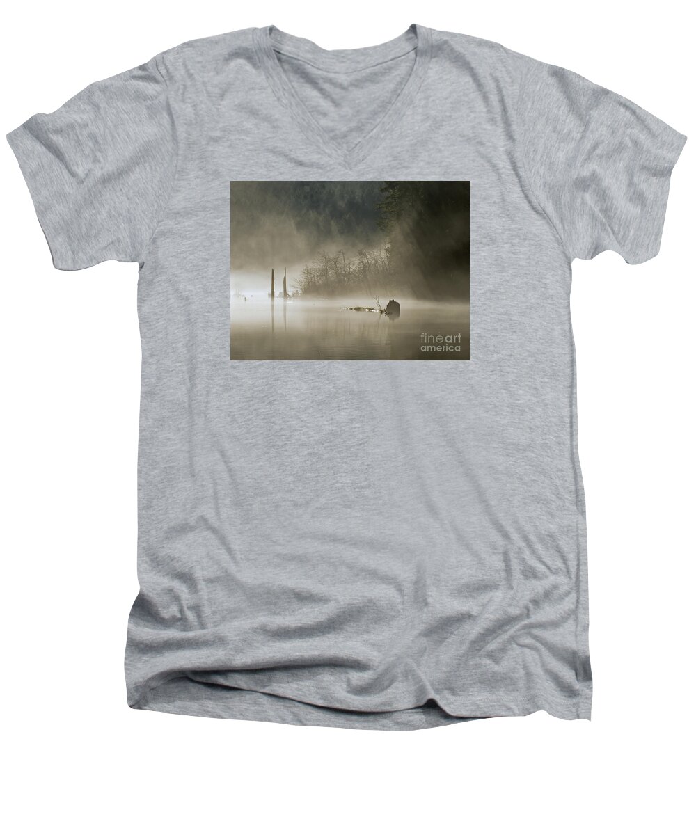 Morning Men's V-Neck T-Shirt featuring the photograph In the fog by Inge Riis McDonald