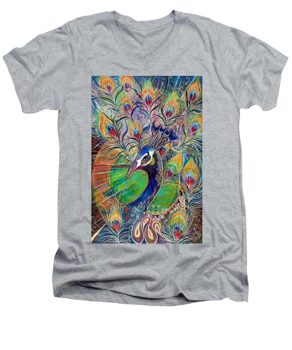 Peacock Men's V-Neck T-Shirt featuring the painting Confidence and Beauty- Individuality by Leela Payne