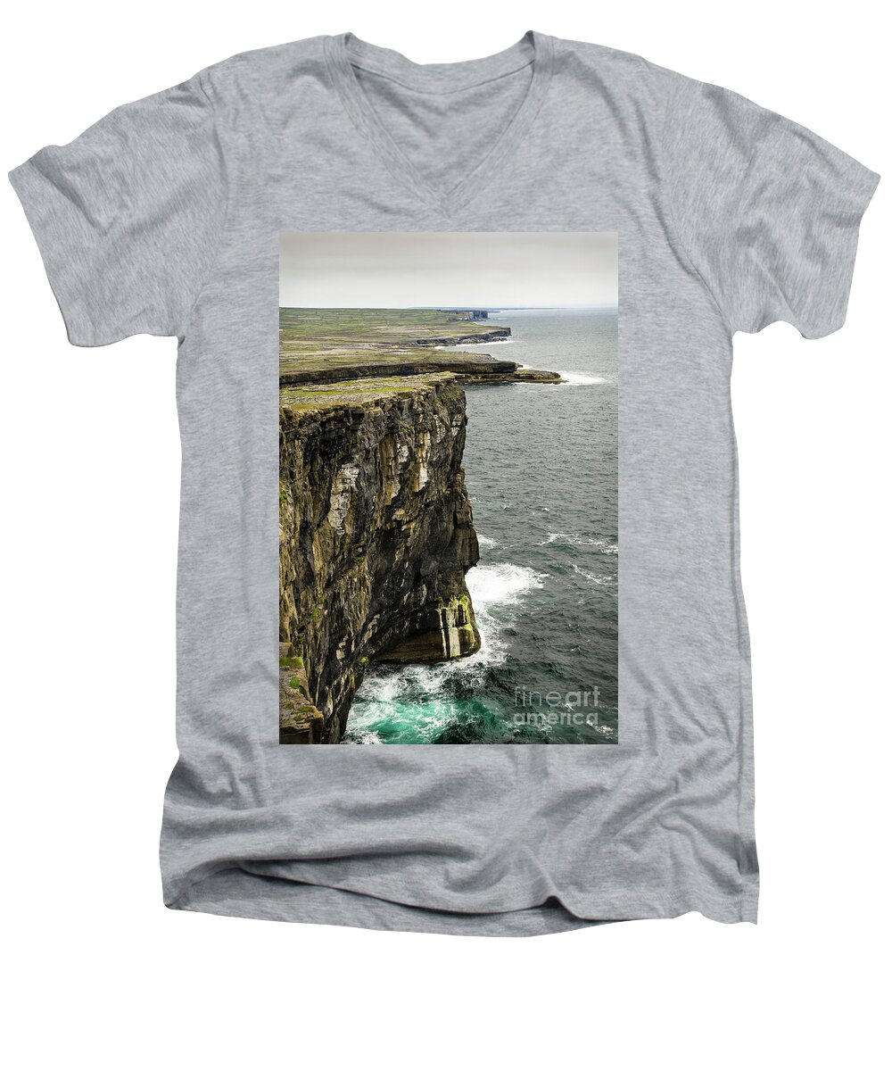 Ireland Men's V-Neck T-Shirt featuring the photograph Inishmore cliffs and karst landscape from Dun Aengus by RicardMN Photography