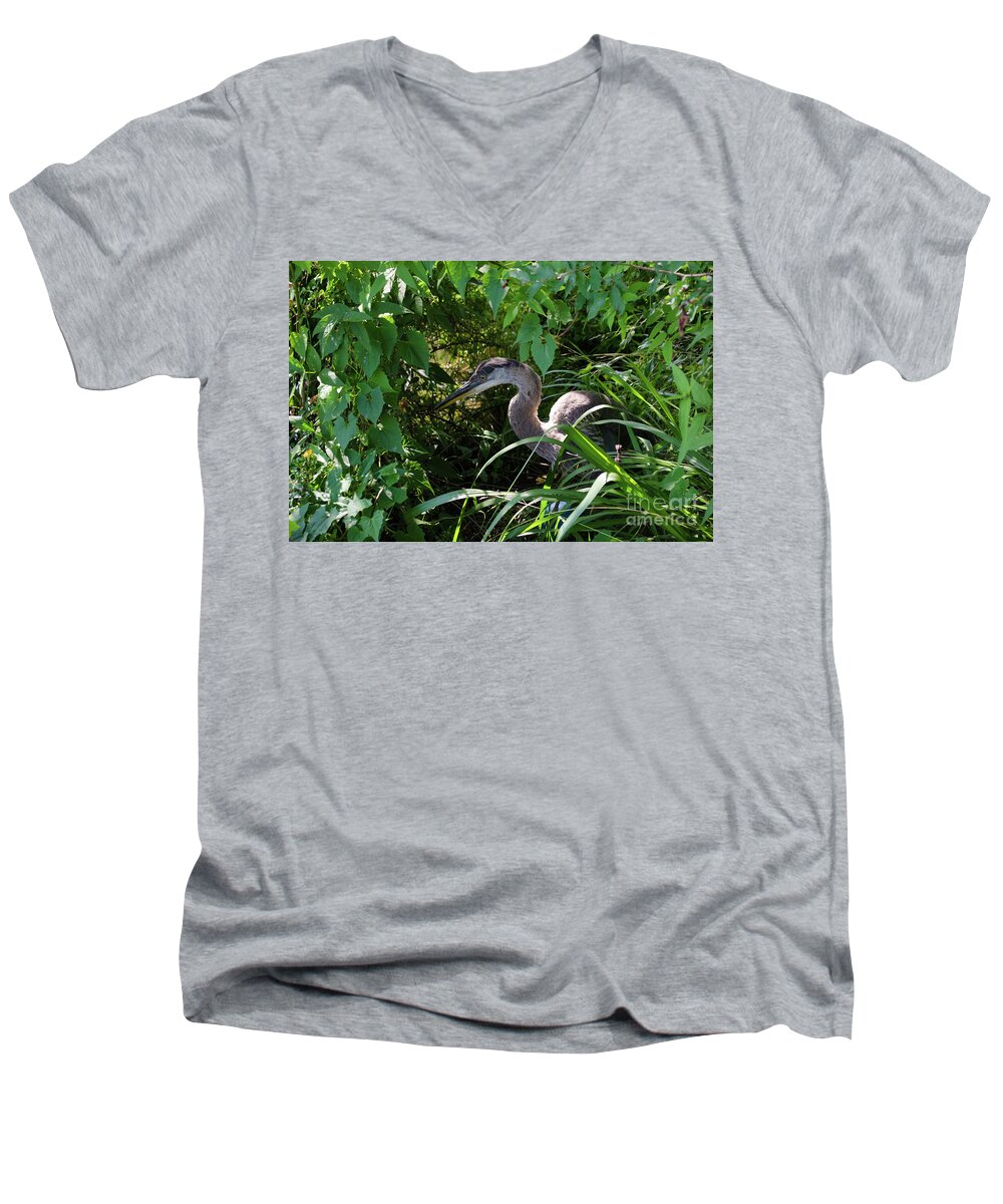 Bird Men's V-Neck T-Shirt featuring the photograph Injure Blue Heron by Donna Brown