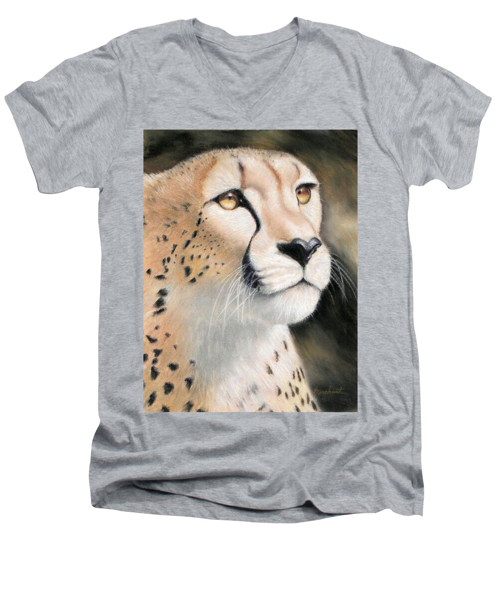 Cheetah Men's V-Neck T-Shirt featuring the painting Intensity - Cheetah by Linda Merchant