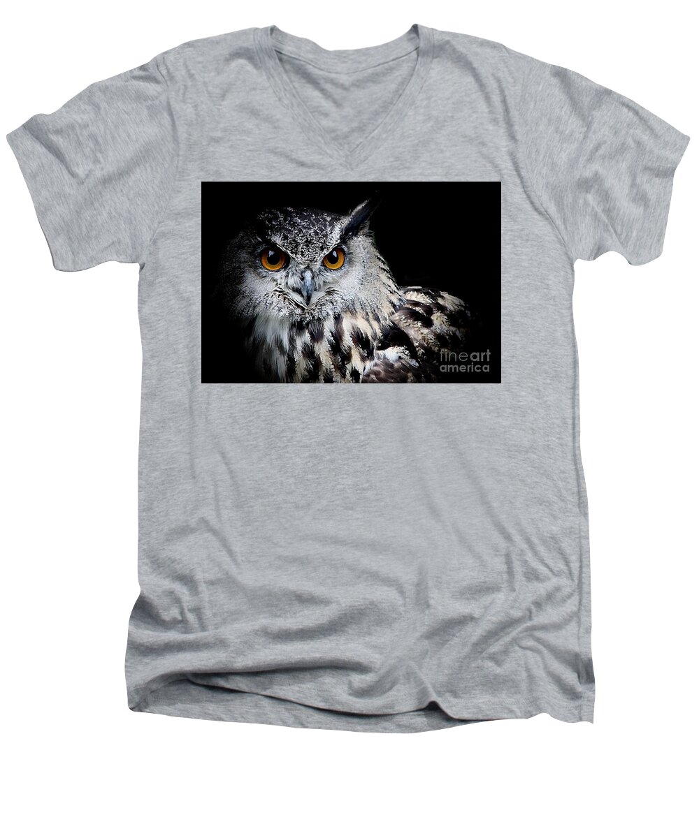 Eagle Owl Men's V-Neck T-Shirt featuring the photograph Intensity by Clare Bevan