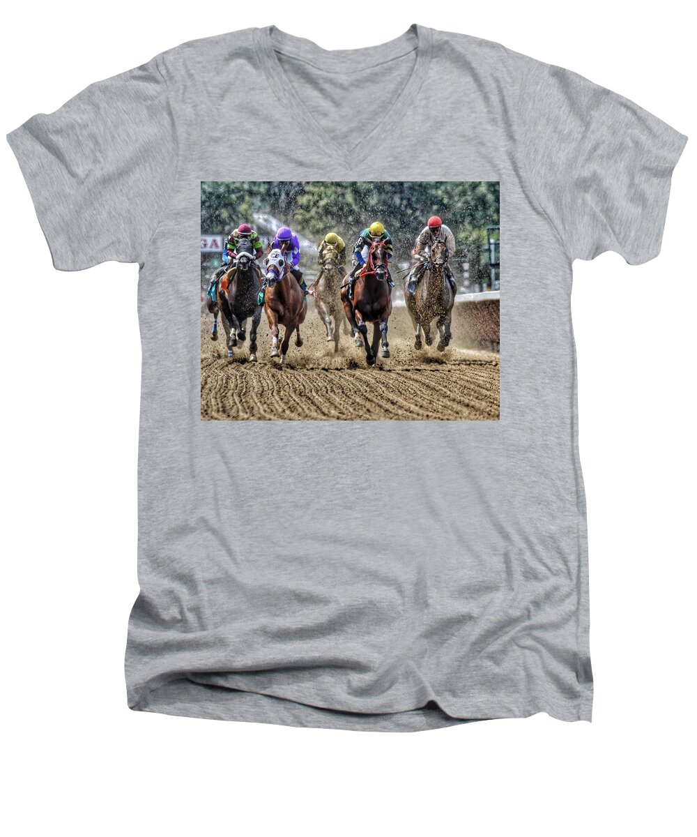 Race Horses Men's V-Neck T-Shirt featuring the photograph Intensity by Jeffrey PERKINS