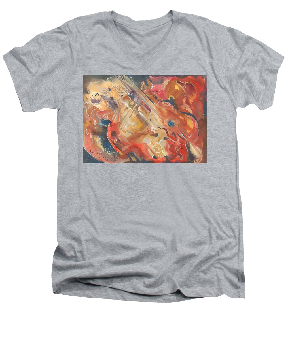 Intimate Guitar Men's V-Neck T-Shirt featuring the painting Intimate Guitar by Sheri Jo Posselt