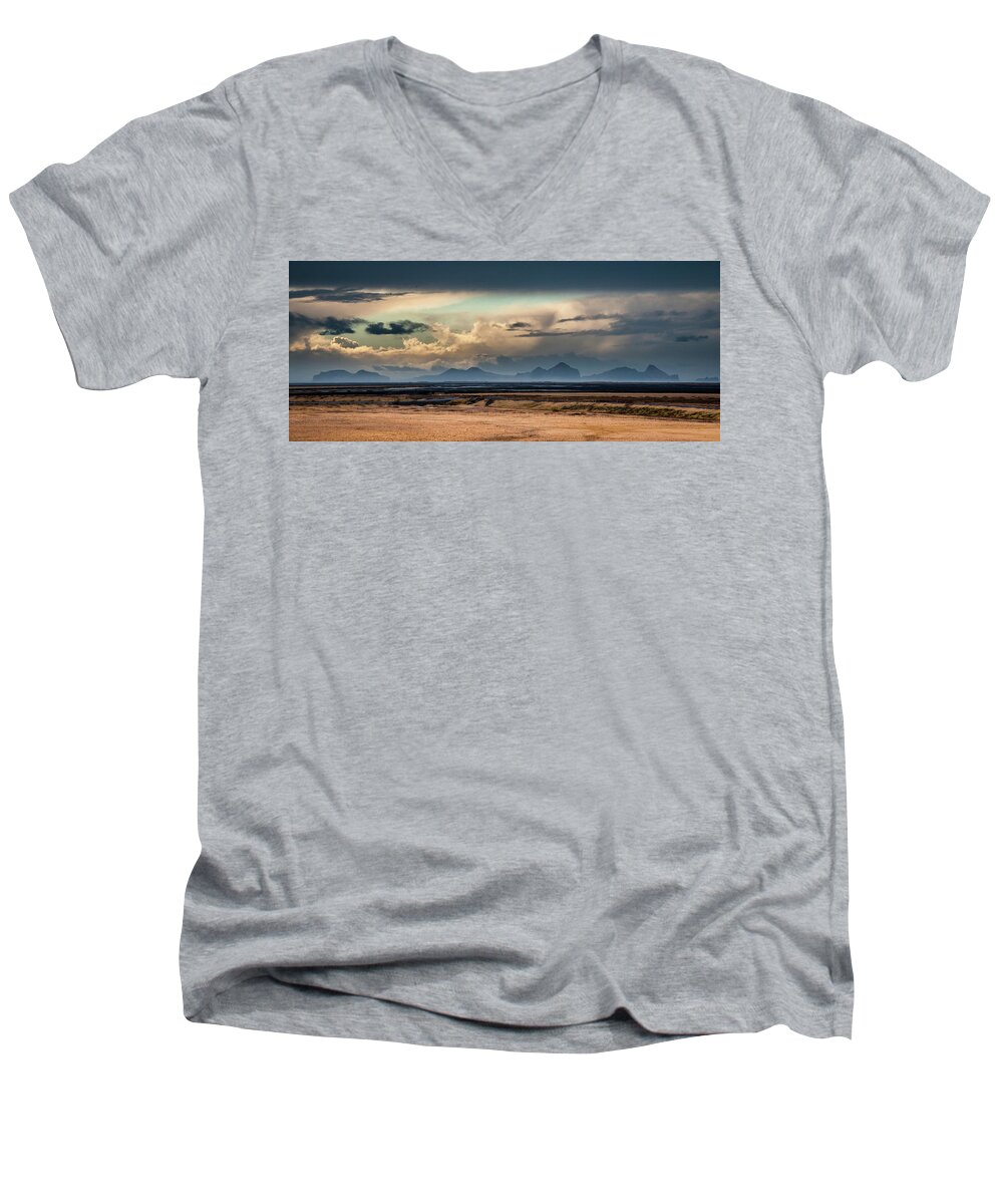 Iceland Men's V-Neck T-Shirt featuring the photograph Islands in the Sky by Geoff Smith