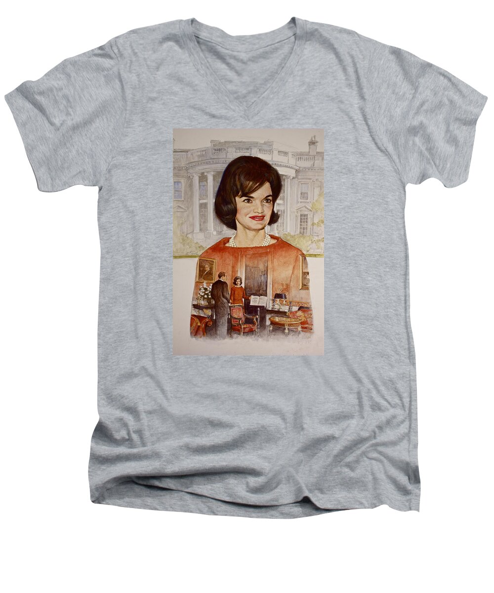 Painted Portrait Men's V-Neck T-Shirt featuring the painting Jacqueline Kennedy Onassis by Cliff Spohn