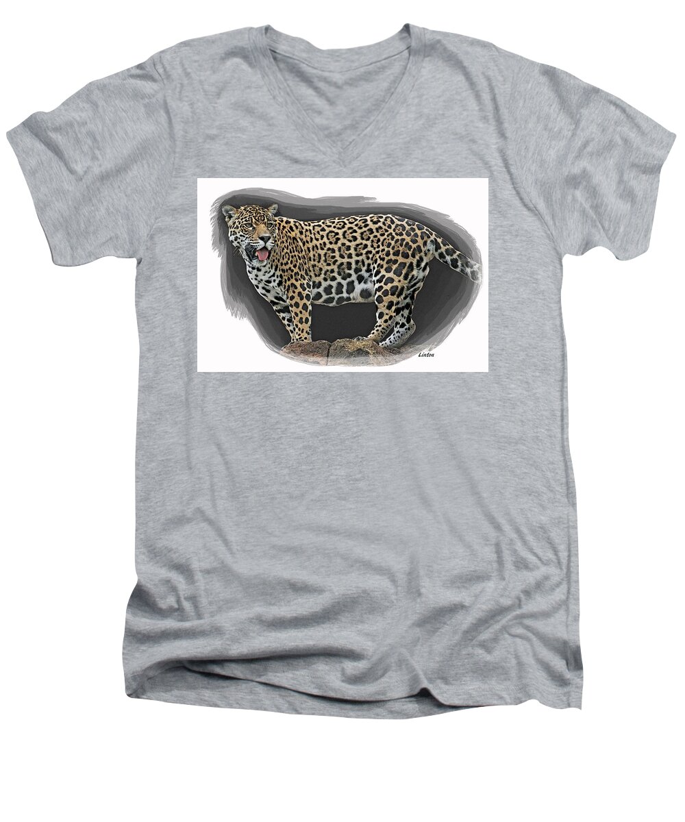 Jaguar Men's V-Neck T-Shirt featuring the digital art Jaguar 16 by Larry Linton