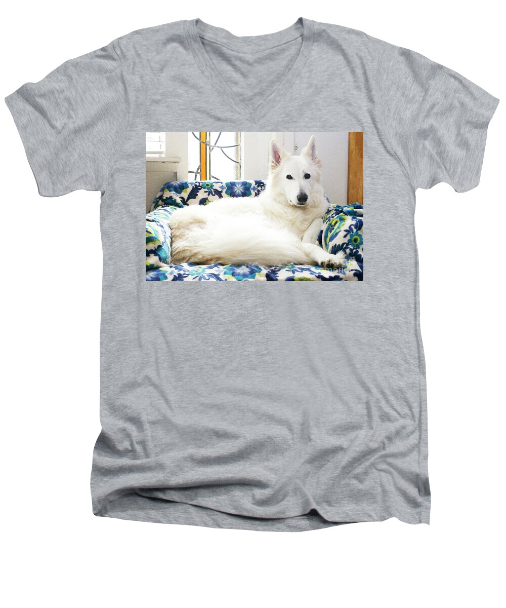 I Love And Miss You. Men's V-Neck T-Shirt featuring the photograph Jane in her favorite spot by Margaret Hood