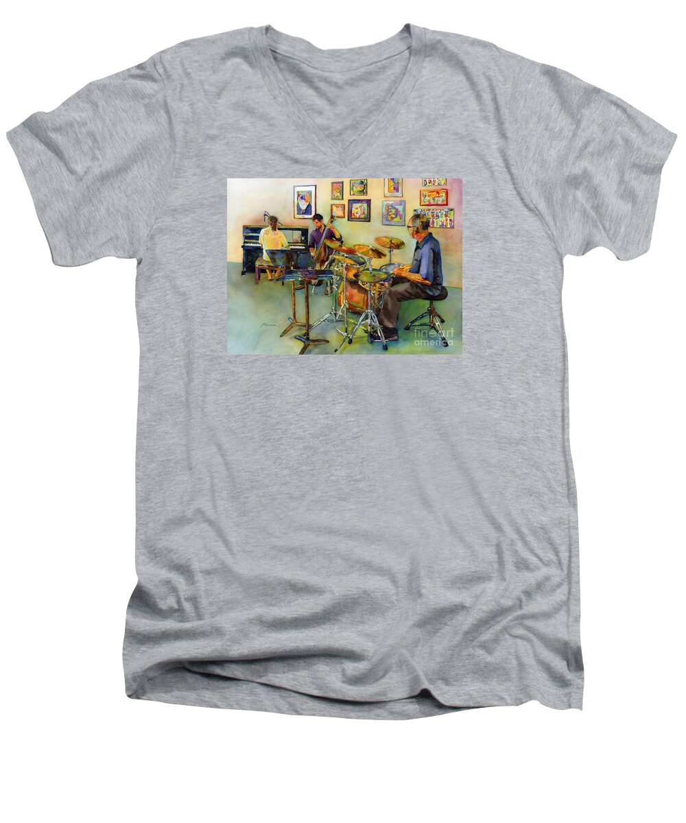 Jazz Men's V-Neck T-Shirt featuring the painting Jazz at the Gallery by Hailey E Herrera