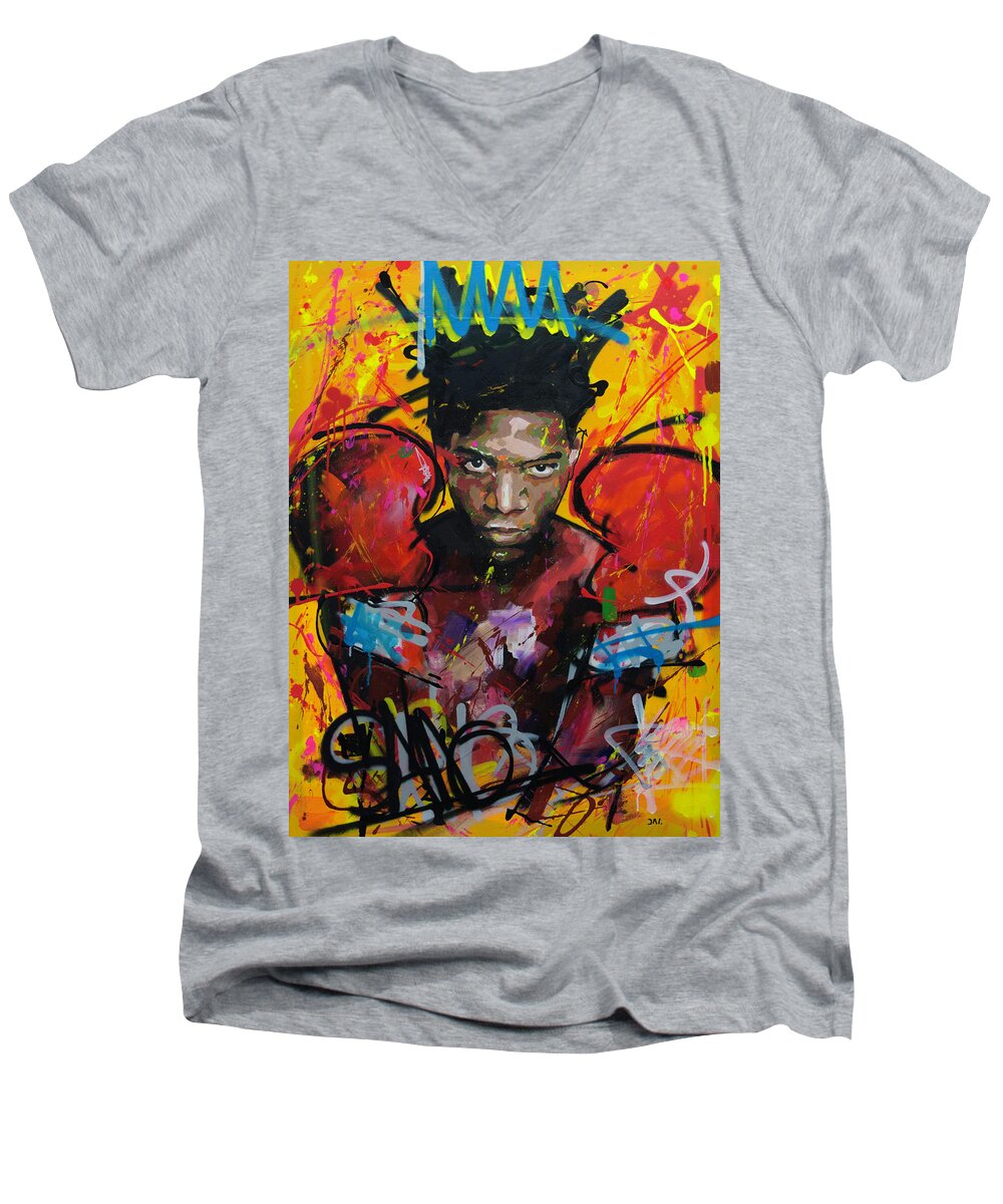 Jean Men's V-Neck T-Shirt featuring the painting Jean-Michel Basquiat by Richard Day