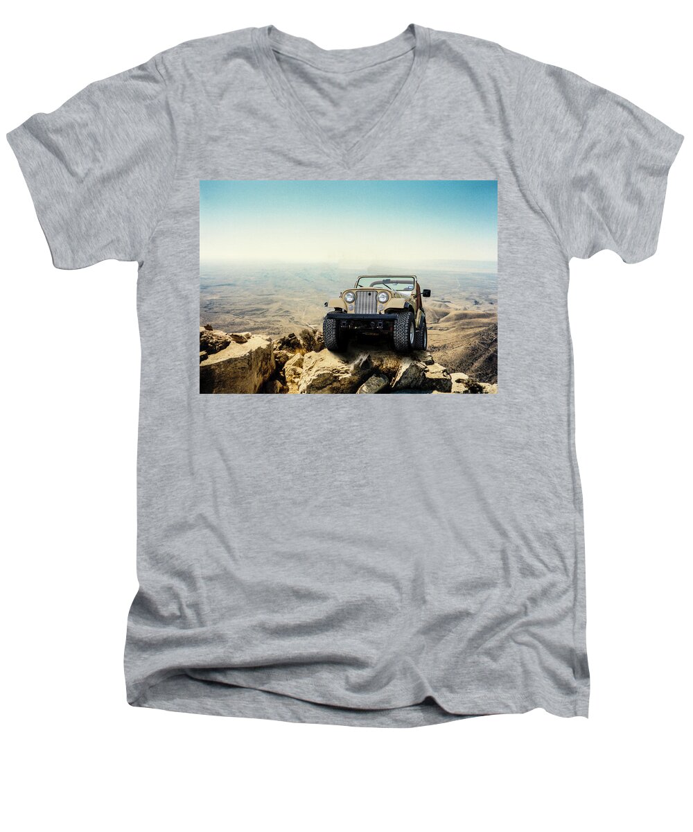Jeep Men's V-Neck T-Shirt featuring the photograph Jeep On a Mountain by Brian Kinney