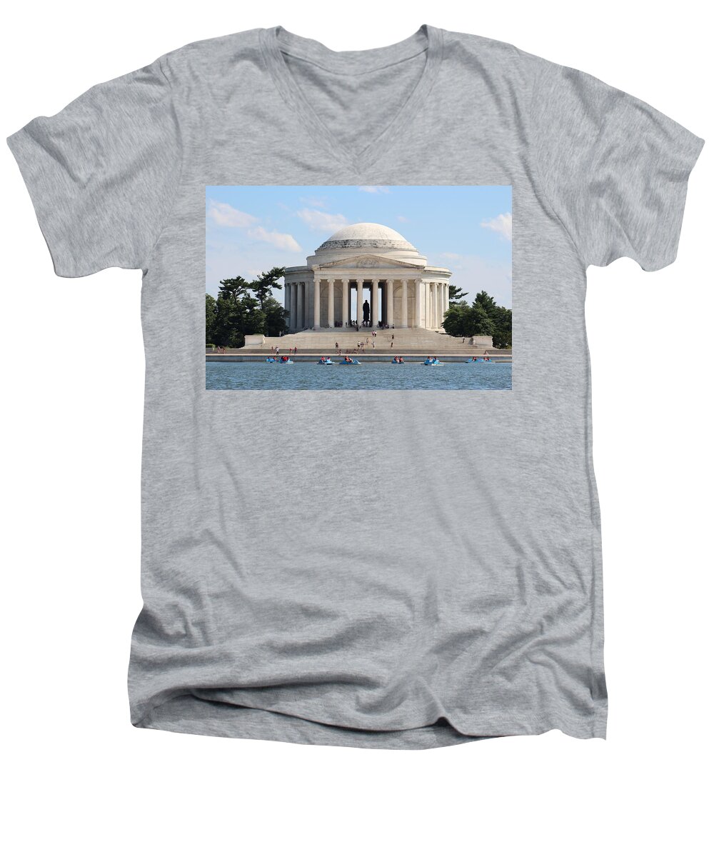 Jefferson Memorial Jeffersonmemorial Washington D.c Dc U.s.a Us America Capital Landmark Us United States Of America Usa Waterfront Water Summer Boats Sculpture Statue Clouds Cloud Sky Blue Green White Beige Reflection Outdoors Nature Landscape View Panorama Sunny Great Beautiful Daytime Lovely Peaceful Nice Fantastic Outstanding City Building Architecture Men's V-Neck T-Shirt featuring the digital art Jefferson Memorial by Jeanette Rode Dybdahl