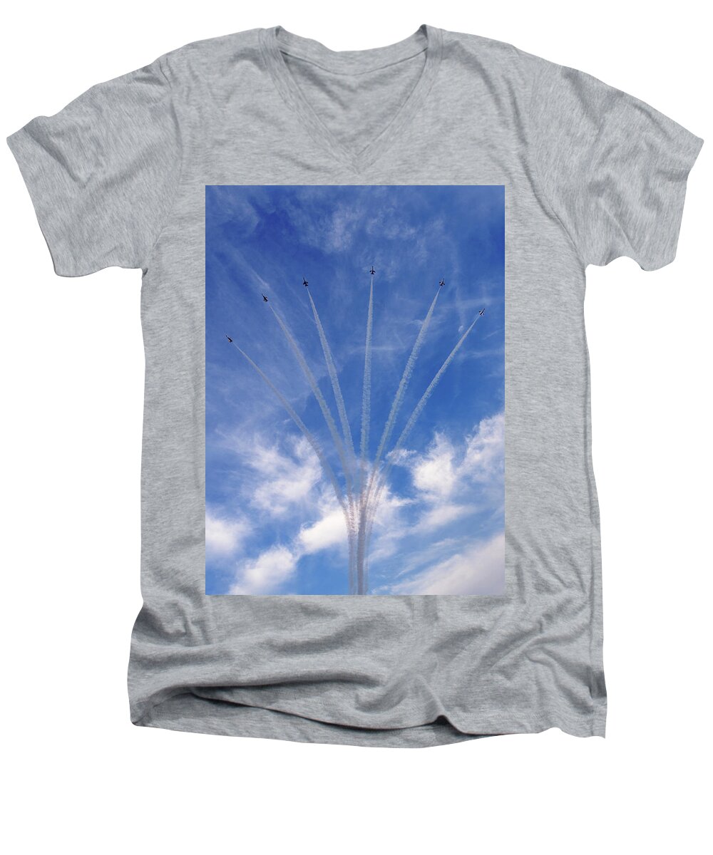 Planes Men's V-Neck T-Shirt featuring the photograph Jet planes formation in sky by Pradeep Raja Prints